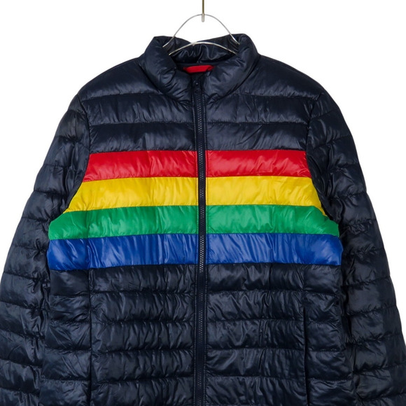 Primary Adult Puffer Jacket In Stripe Medium Unisex Fit Navy Blue Rainbow - Picture 3 of 6